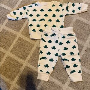 Hanna Andersson Cream and Green jumping frogs waffle knit